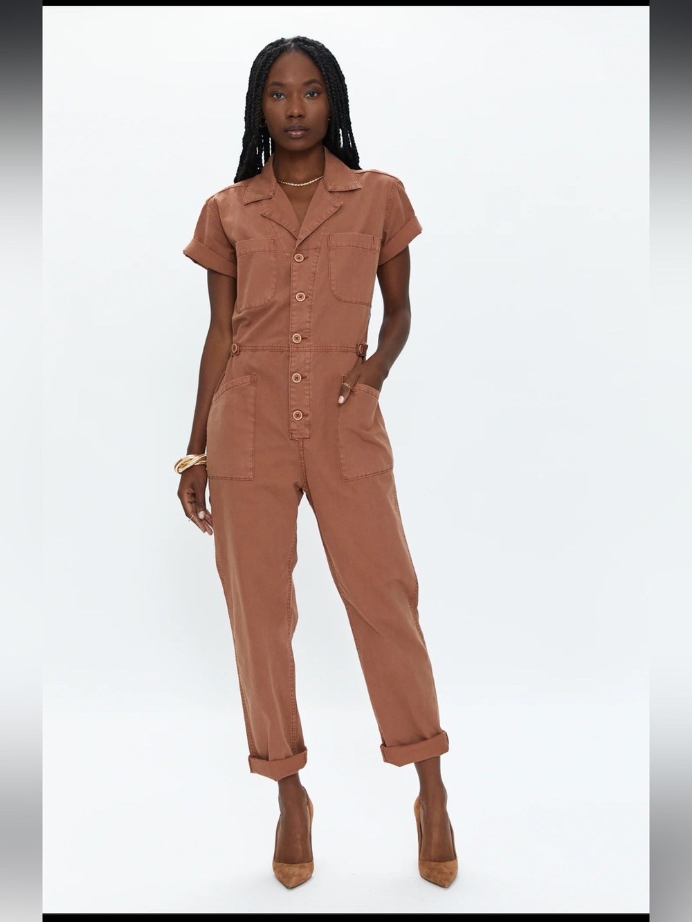 NWT Pistola Grover Short-Sleeve Button Utility Jumpsuit in Cinnamon